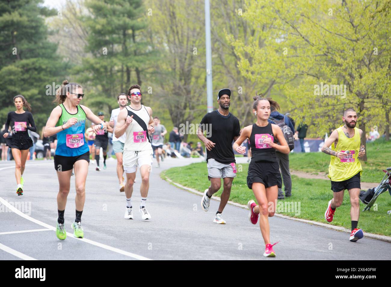 Runners in the last stretch of the Brooklyn Half Marathon inside Prospect Park in the spring. Stock Photo