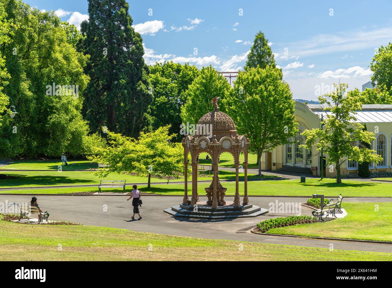 City Park is a large park in the centre of Launceston, Tasmania, Australia. The popular outdoor spot contains the historic cast-iron Jubilee Fountain. Stock Photo