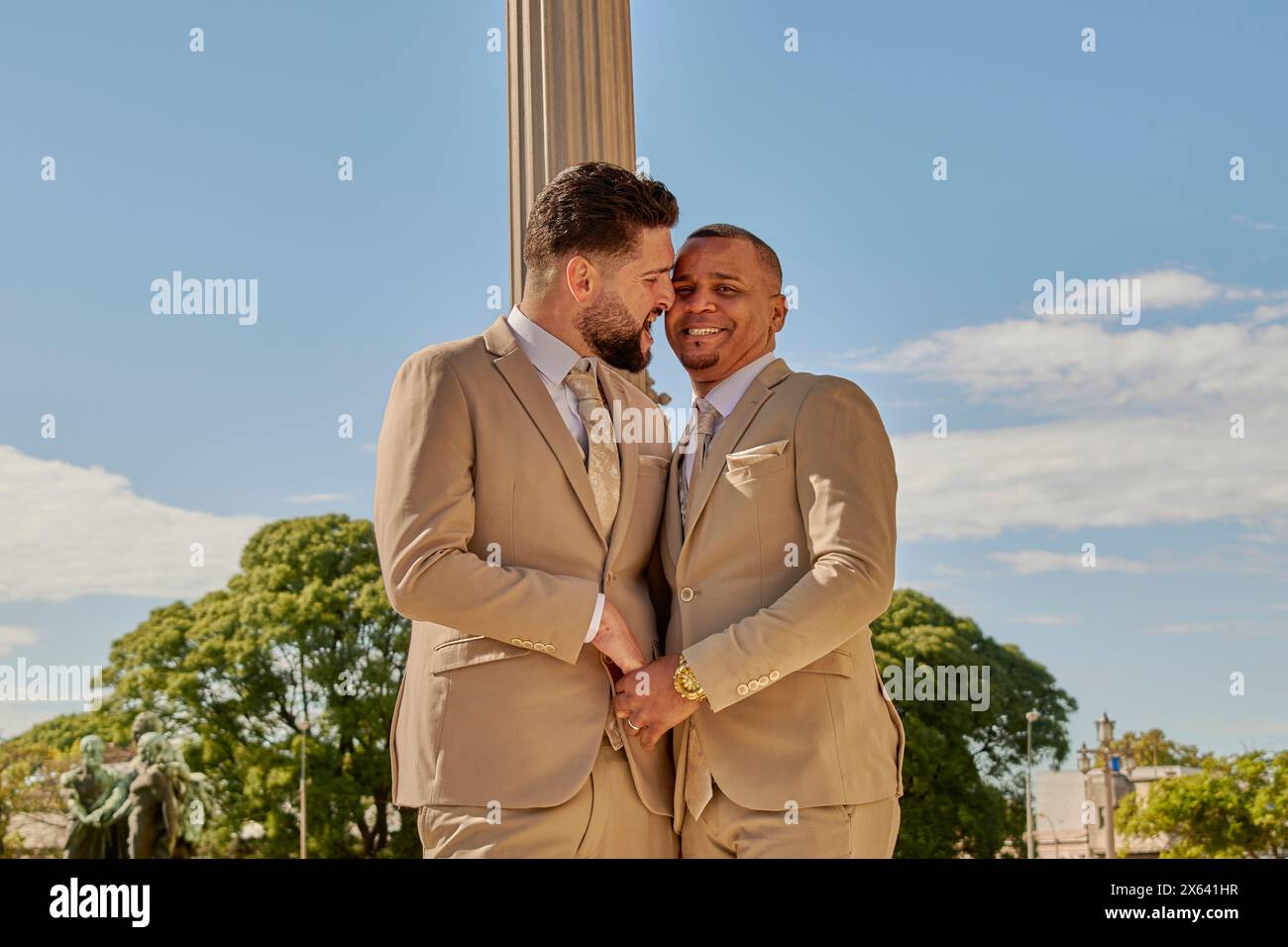 Portrait of two boys celebrating diversity day, they belong to the lgbt community and have just got married. Stock Photo