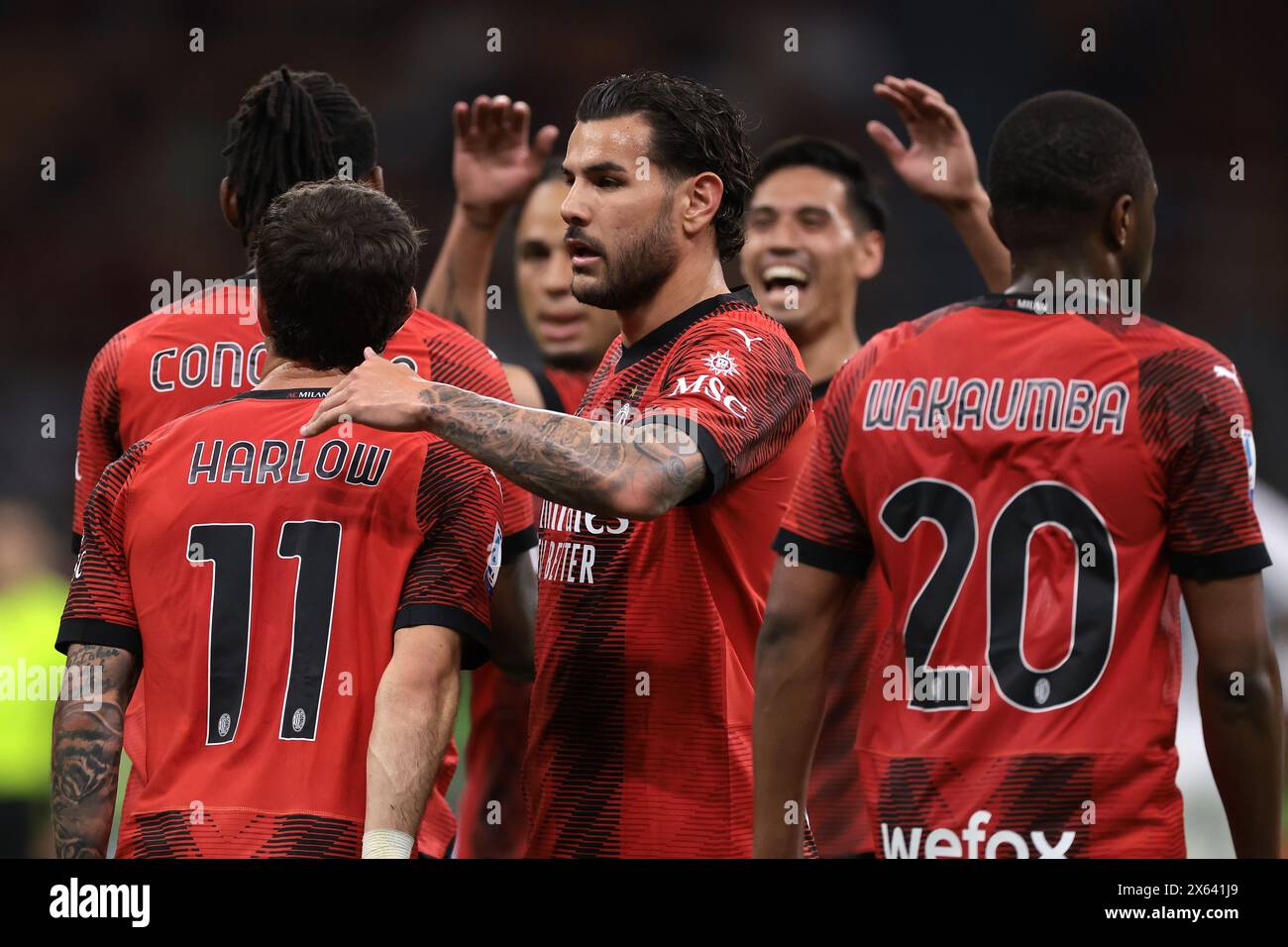 Milan, Italy. 11th May, 2024. AC Milan players all wearing jerseys bearing their mothers' names as part of a capmaign to celebrate Mother's Day in Italy celebrate after Rafael Leao scored to give the side a 4-1 lead during the Serie A match at Giuseppe Meazza, Milan. Picture credit should read: Jonathan Moscrop/Sportimage Credit: Sportimage Ltd/Alamy Live News Stock Photo