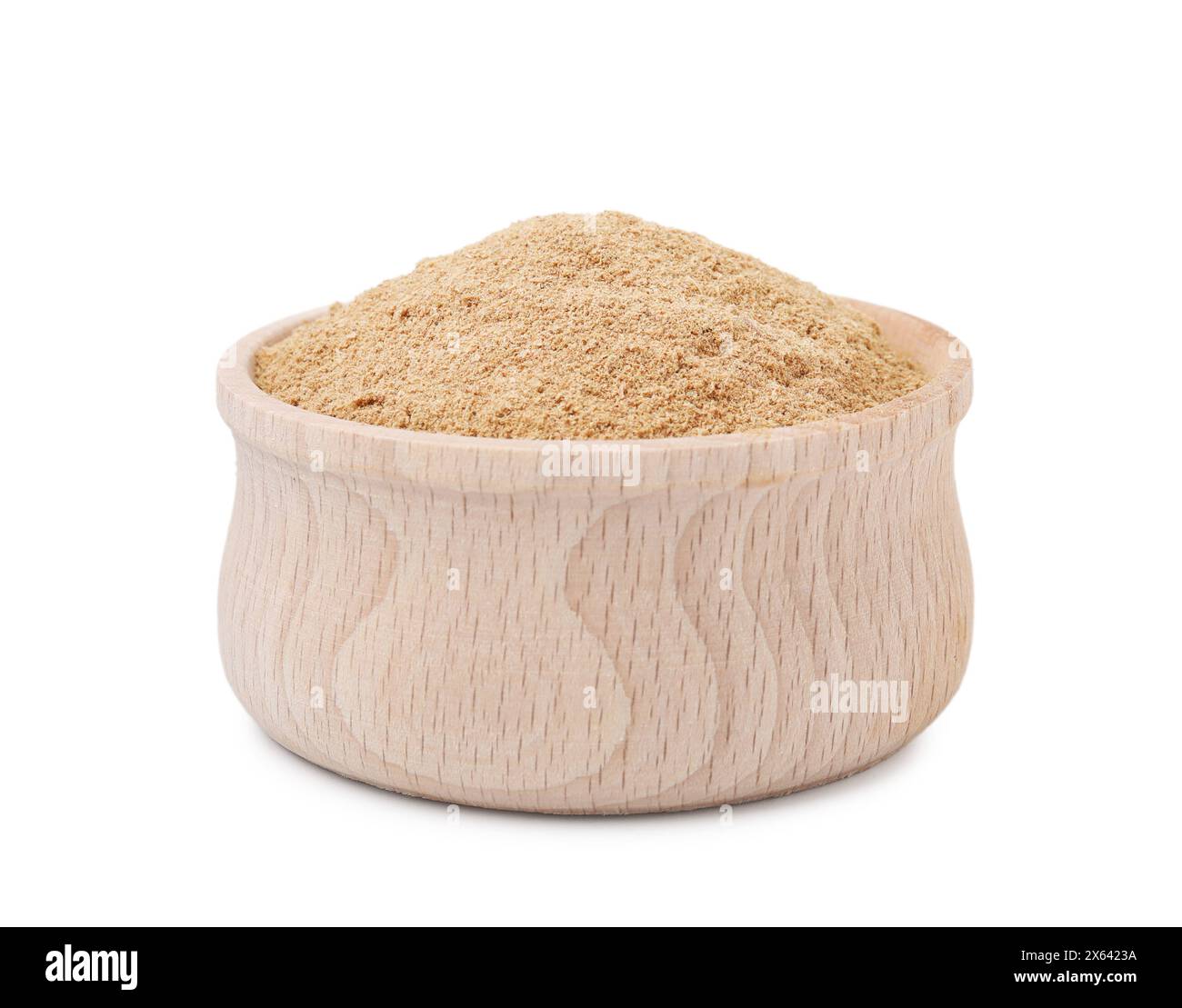Dietary fiber. Psyllium husk powder in bowl isolated on white Stock