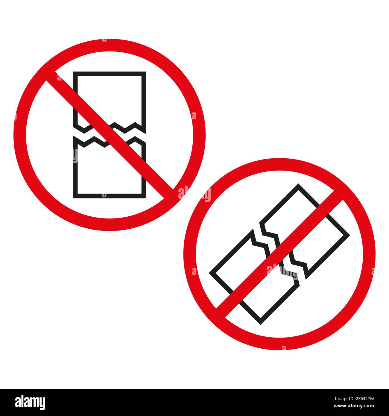 No broken objects Vector sign. Fragile item prohibition. Red circle with line. Handle with care instruction. Stock Vector