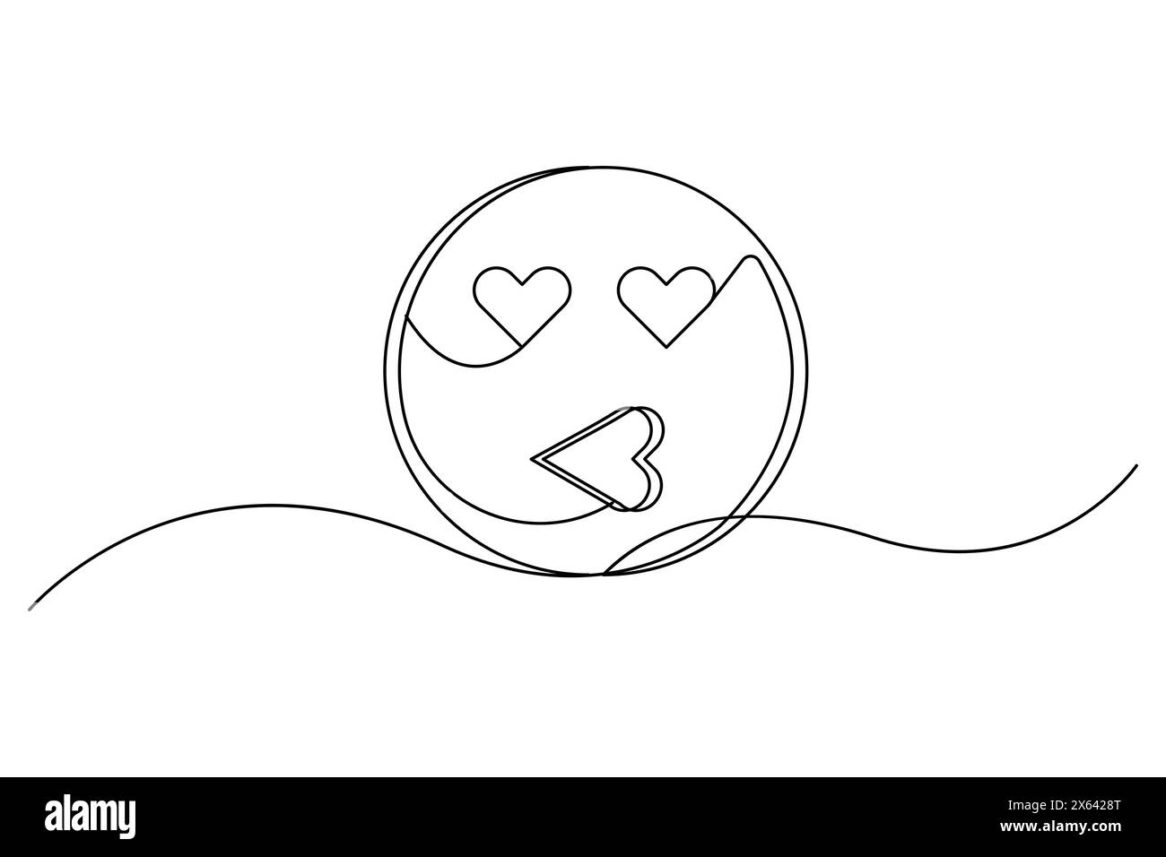 A simple black and white line drawing of a heart eyes emoji, perfect