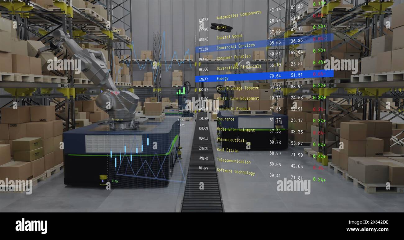 Image of screen with data processing over warehouse Stock Photo
