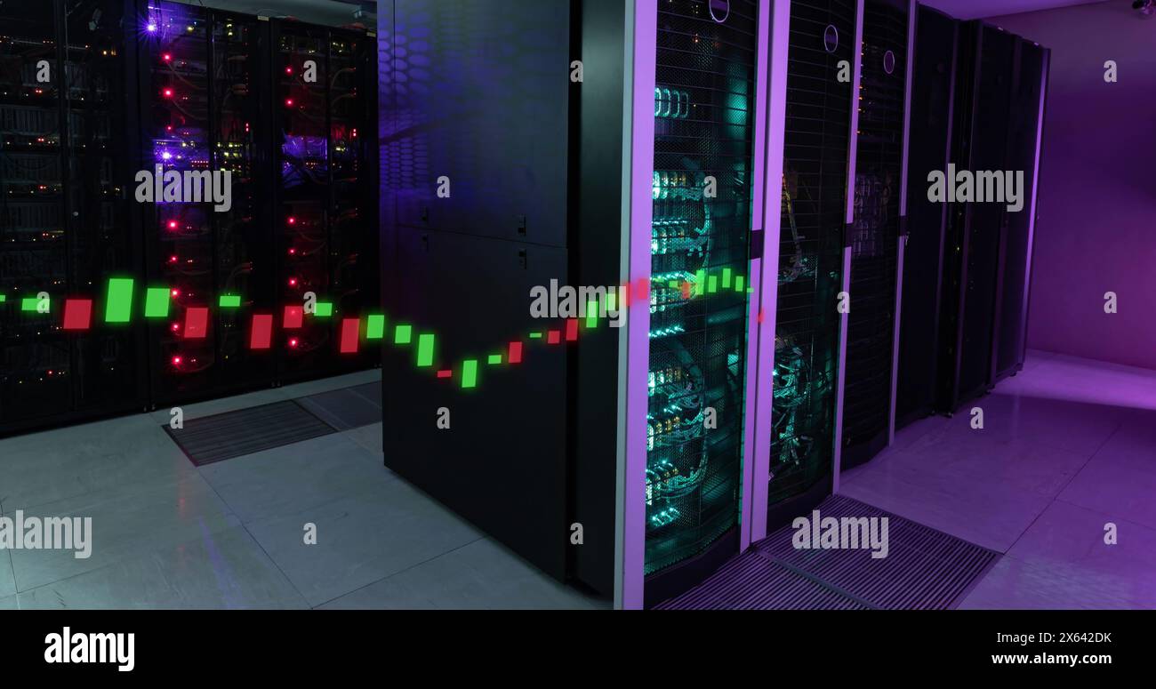 Image of bar graphs over illuminated data server systems in server room Stock Photo
