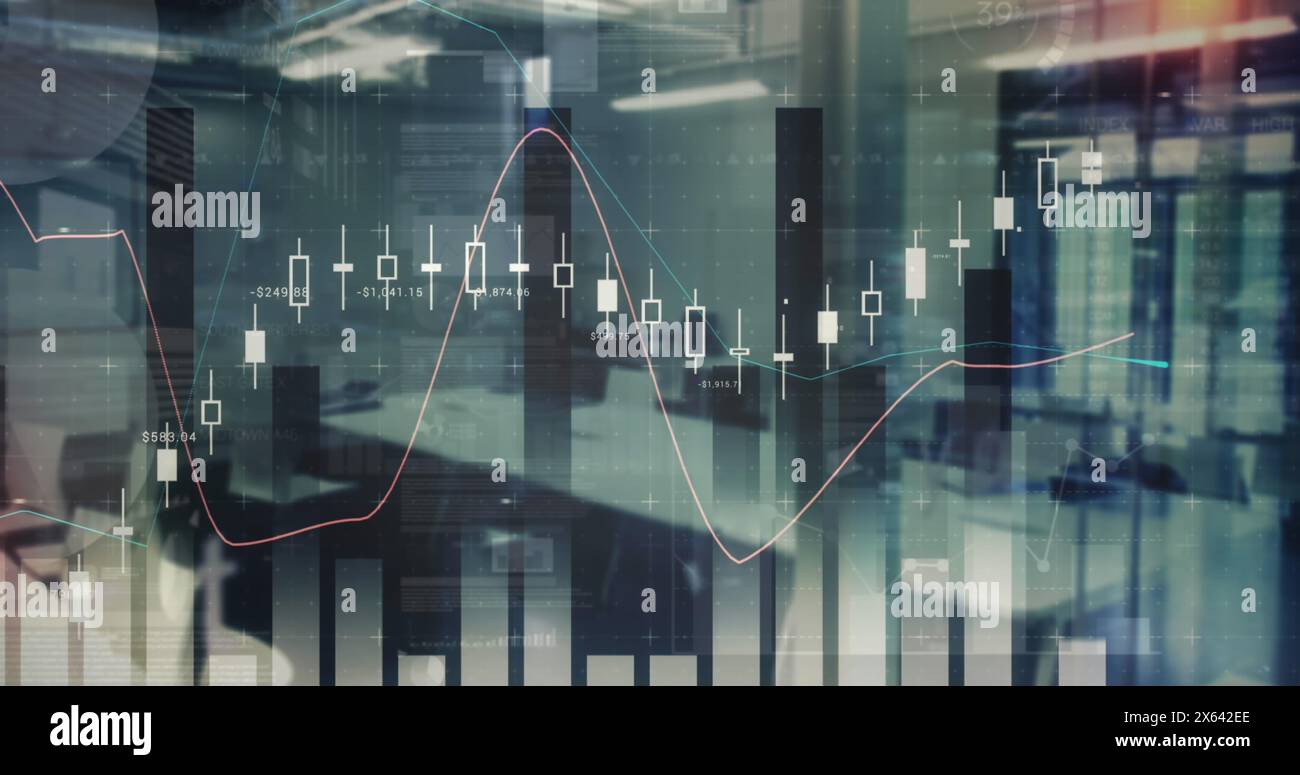 Image of multiple graphs, loading circles and data over empty office in background Stock Photo