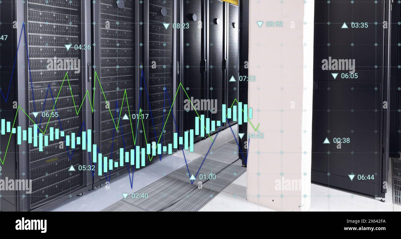 Image of graphs and changing numbers over data server room Stock Photo