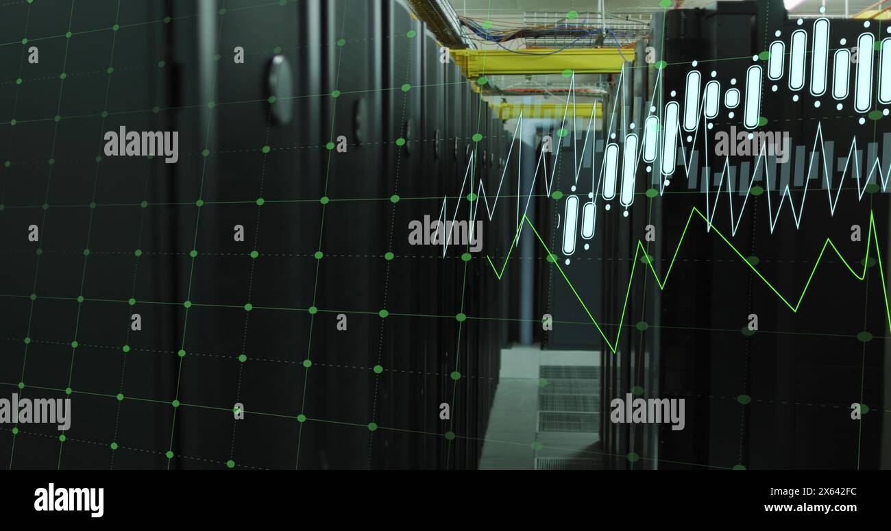 Image of multiple graphs with changing numbers over data server room Stock Photo