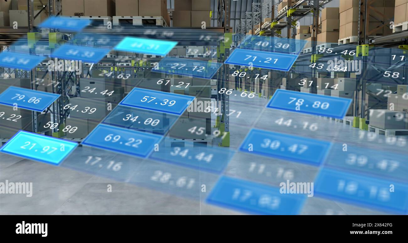 Image of financial data processing over warehouse Stock Photo