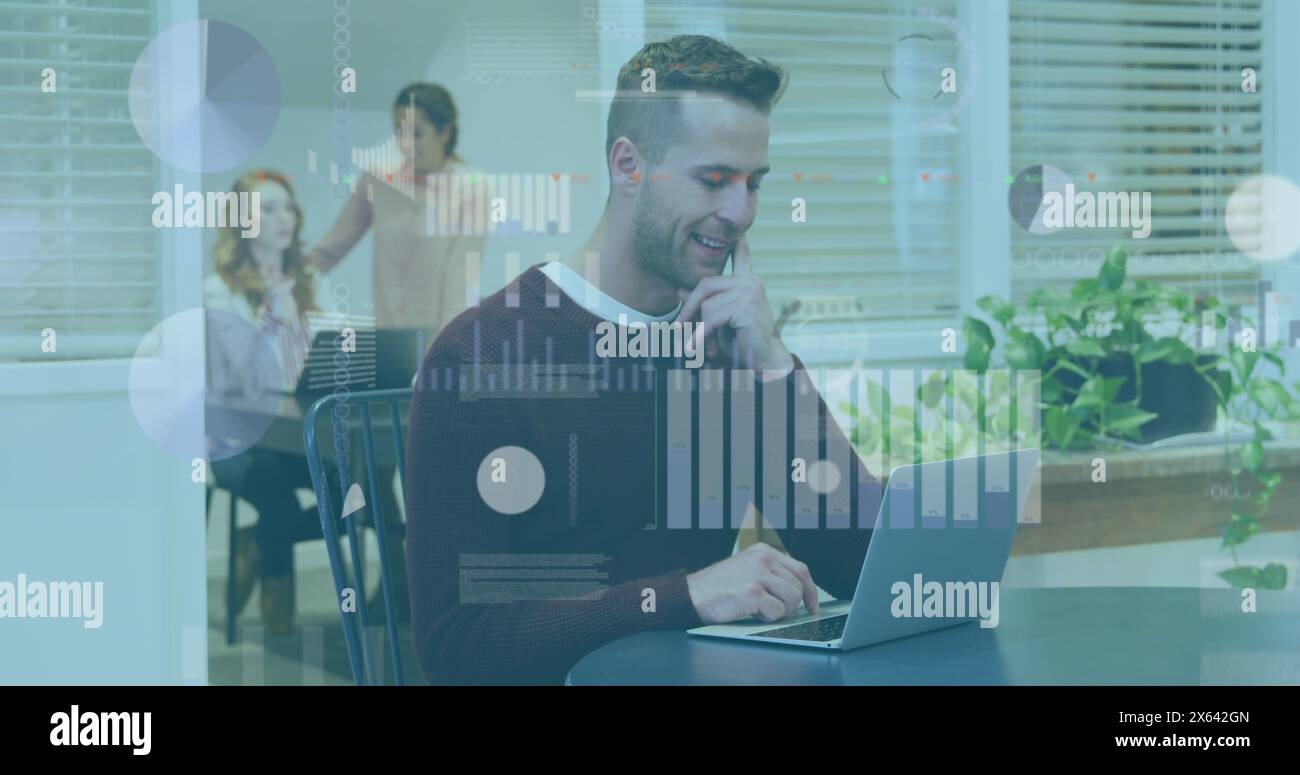 Image of statistical data processing over thoughtful caucasian man using laptop at office Stock Photo