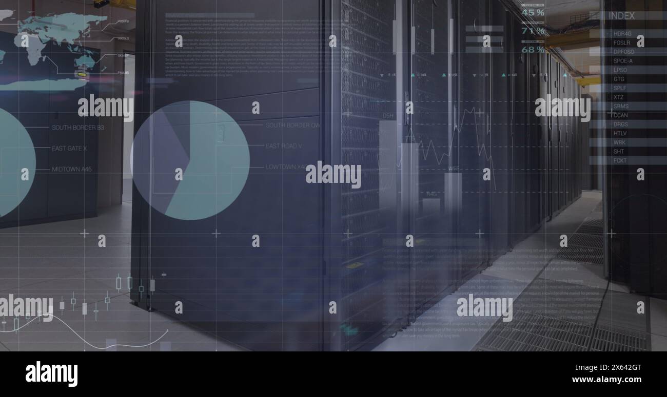 Image of statistical data processing against computer server room Stock ...