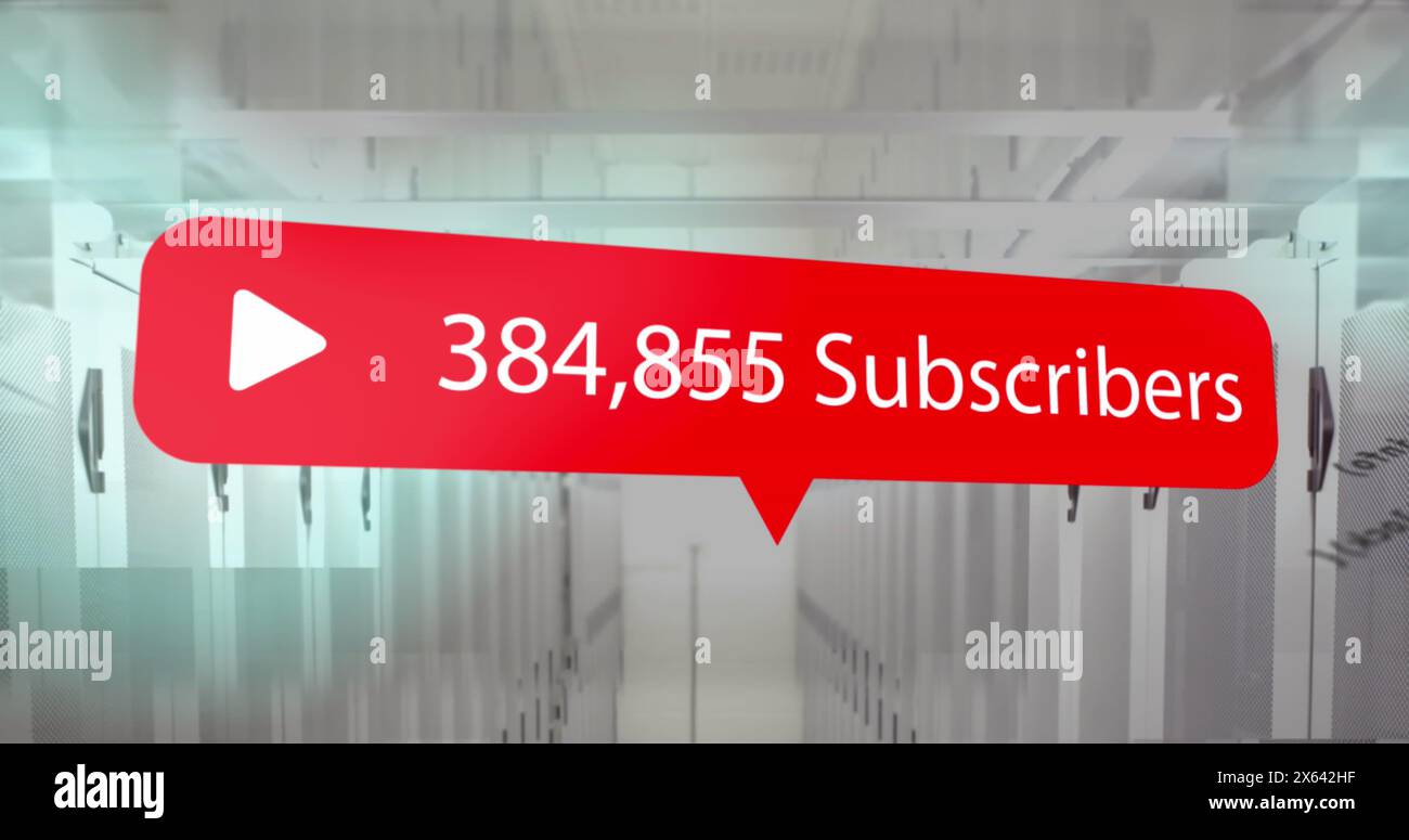 Image of play icon with increasing subcribers and data processing against computer server room Stock Photo