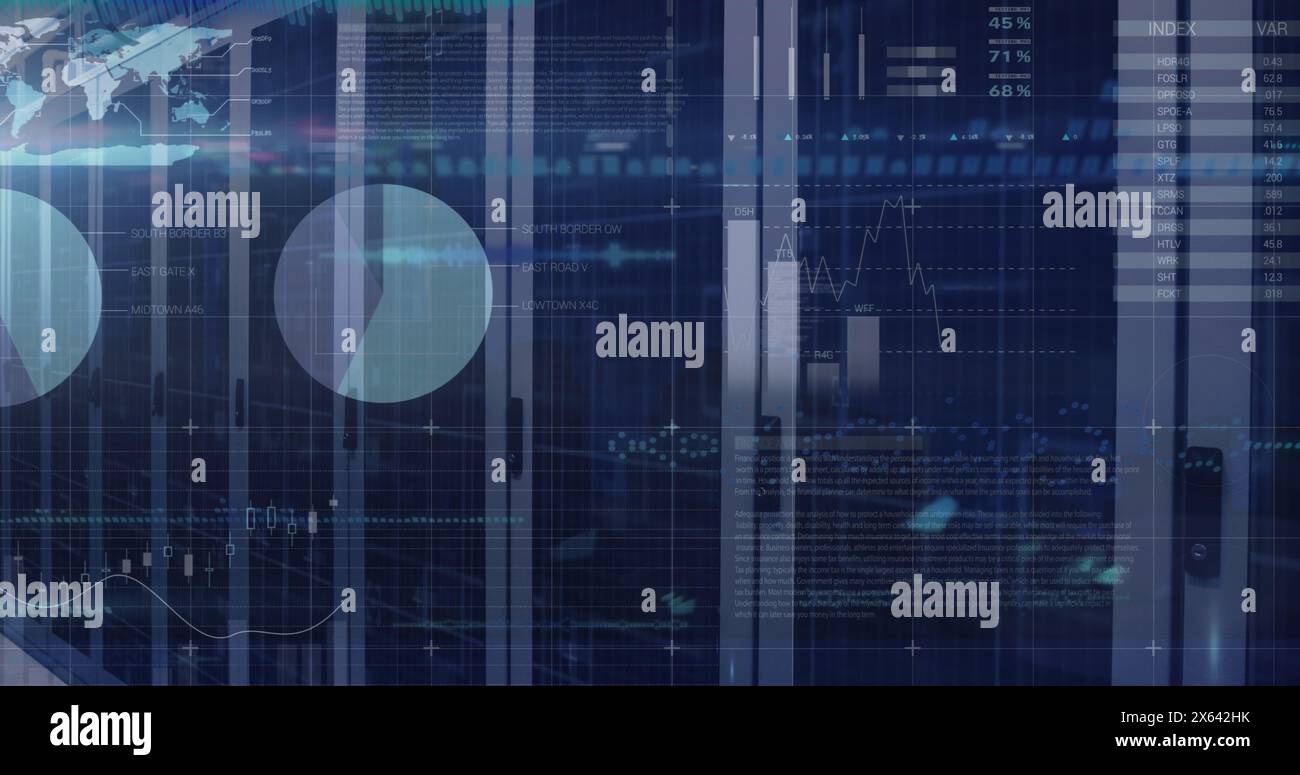 Image of statistical data processing against computer server room Stock ...