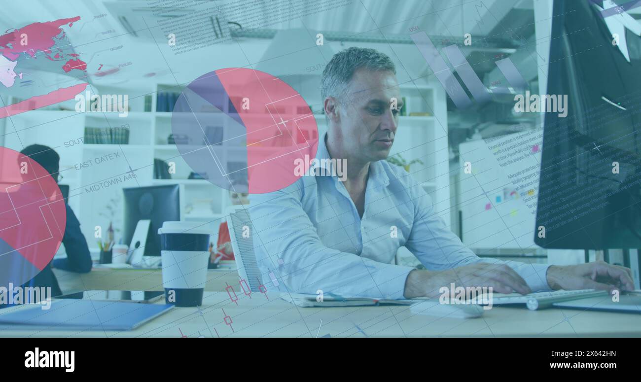 Image of statistical data processing against thoughtful caucasian man using computer at office Stock Photo