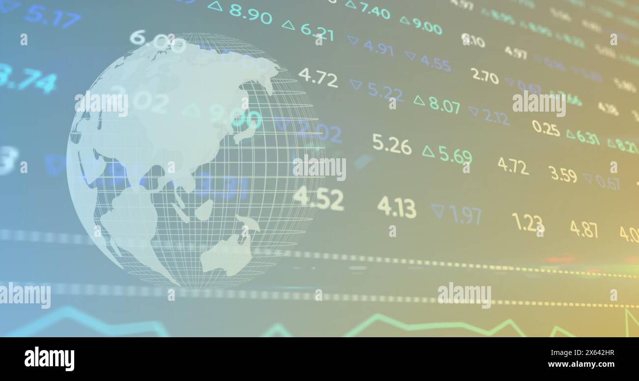 Image of changing numbers with graphs and globe moving on abstract ...