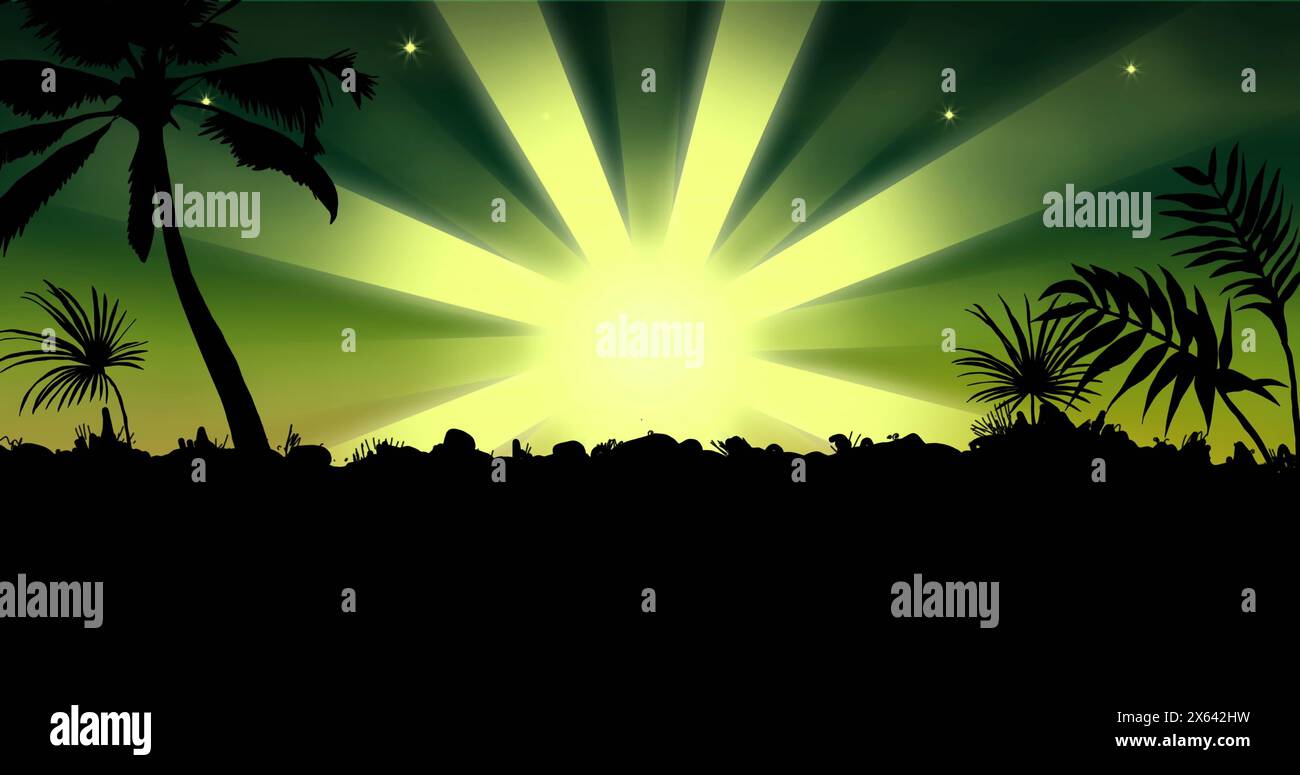Image of palm trees silhouetting against bright green background Stock Photo