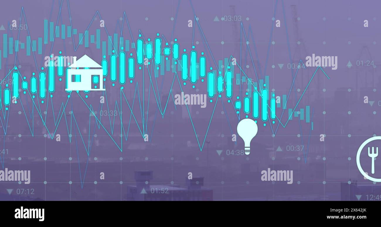 Image of multiple digital icons and data processing against aerial view of cityscape Stock Photo