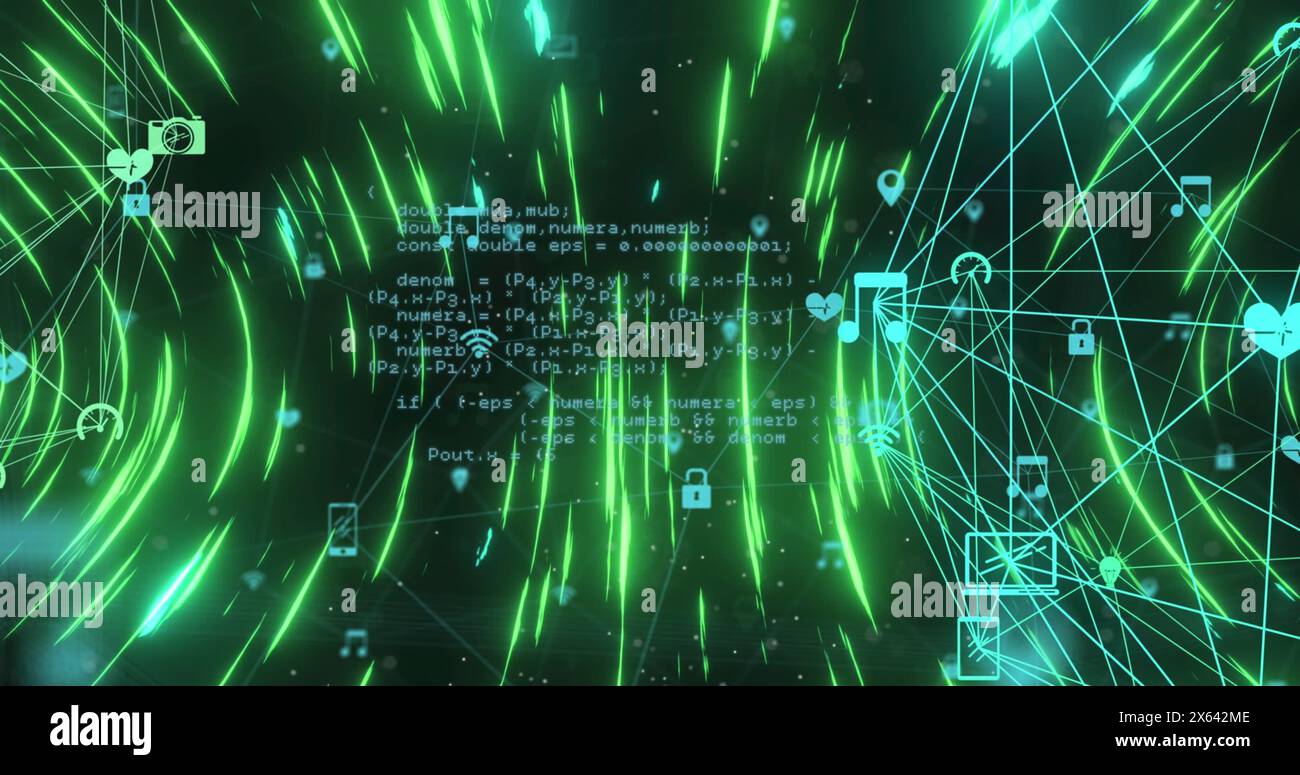 Image of circular pattern and connected icons forming globes with ...