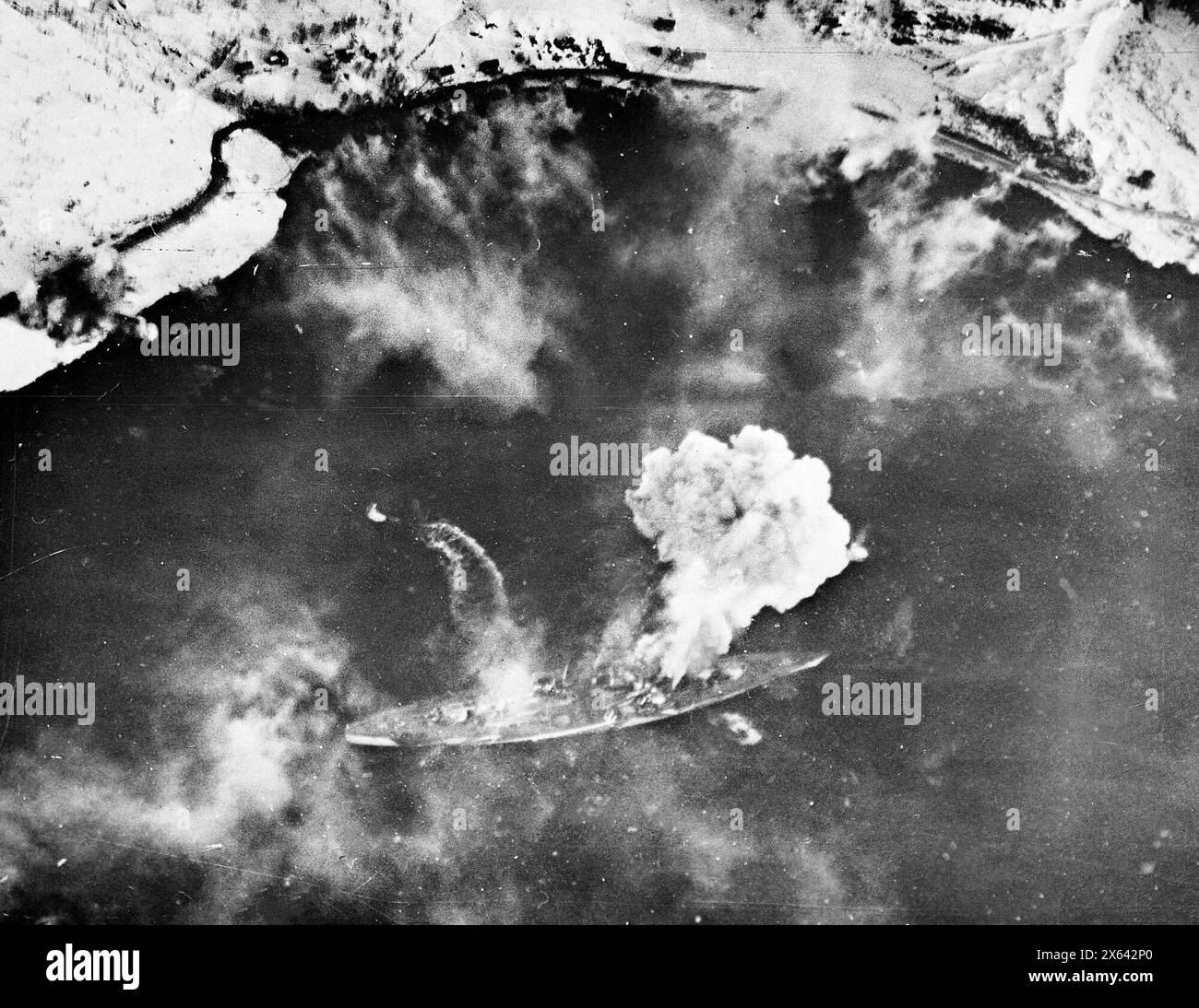 Tirpitz under attack by British carrier aircraft on 3 April 1944, in Operation Tungsten Stock Photo
