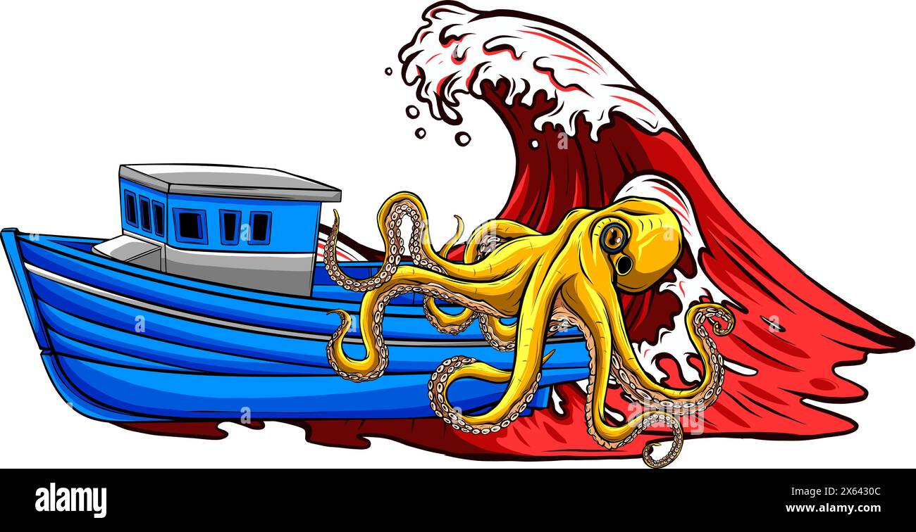 vector illustration of sailing ship and kraken giant octopus on white