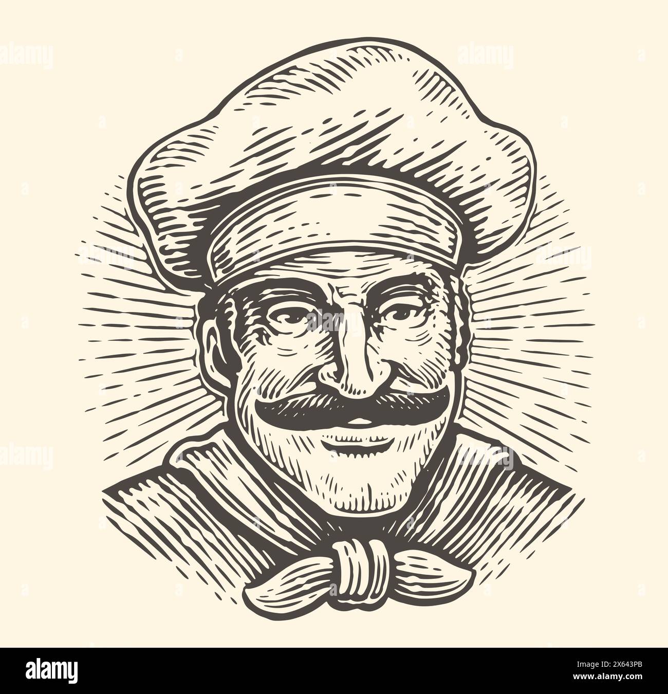 Portrait of happy chef with mustache. Bakery, bistro, restaurant emblem ...