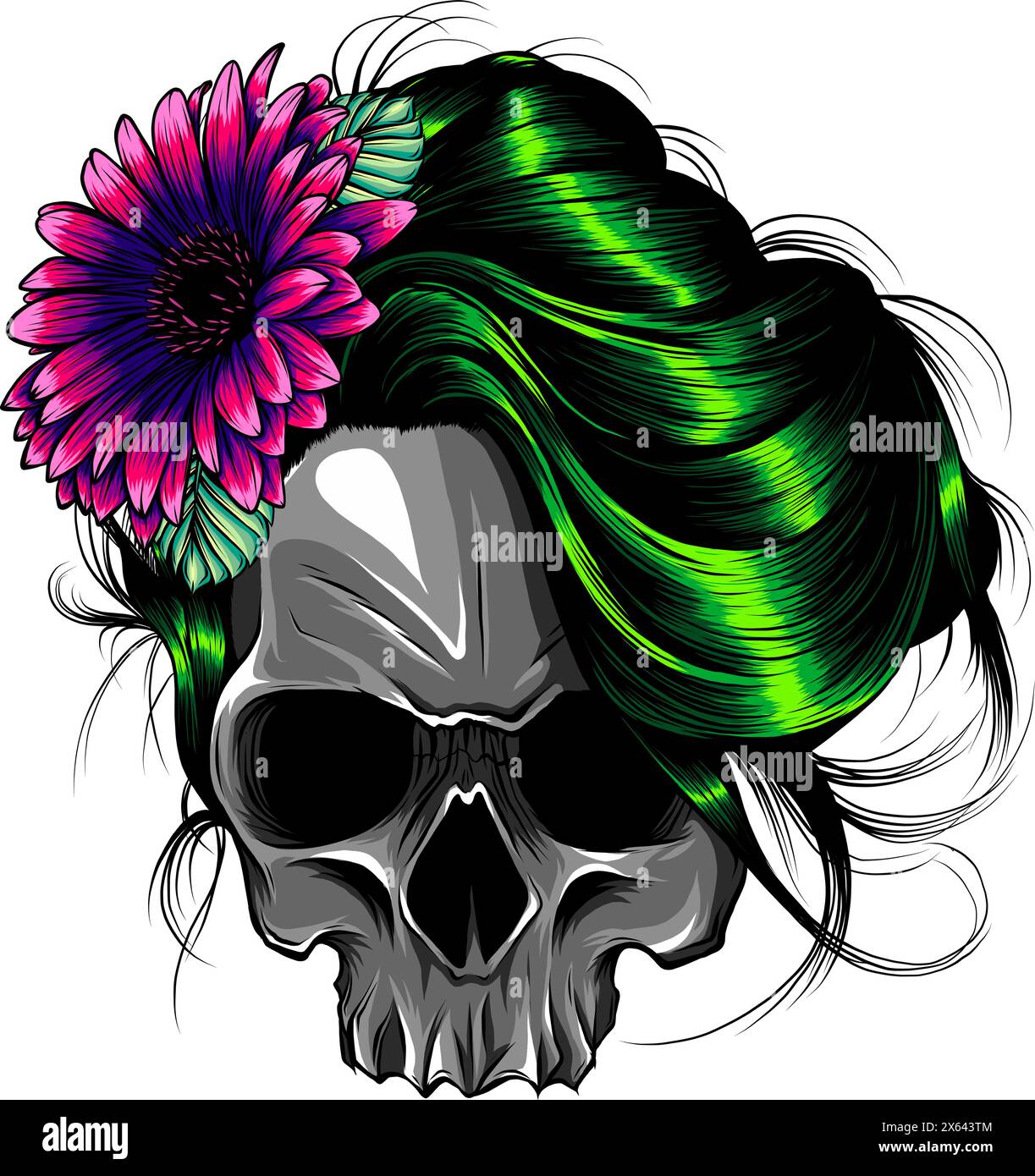 vector illustration of Human skull and flower wreath on white ...
