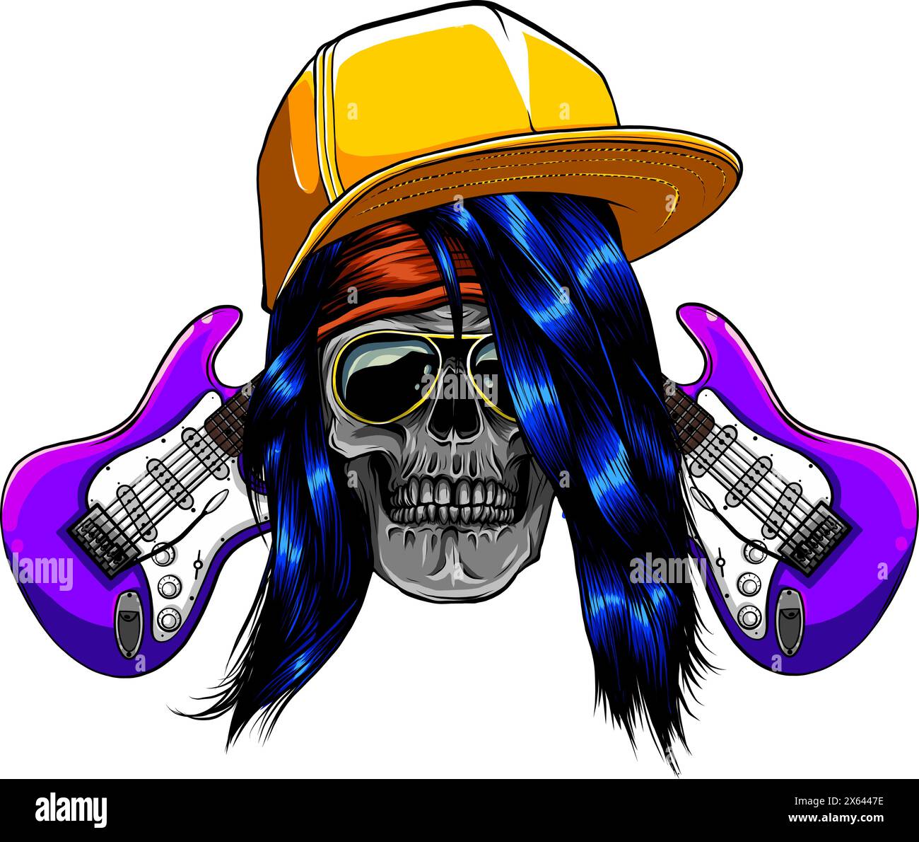 vector illustration of Skull and Crossed Guitar on white Background ...