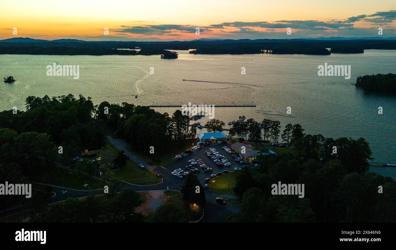Aerial view of lake Lanier and marina shot during golden hour in Buford, USA Stock Photo