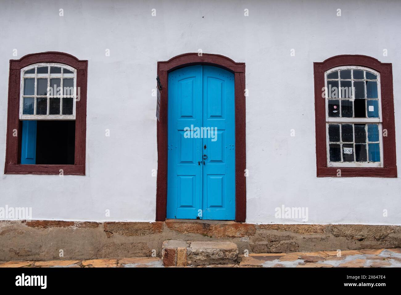 Colorful door and windows of a colonial house in the historical town of Tiradentes, Minas Gerais, Brazil Stock Photo