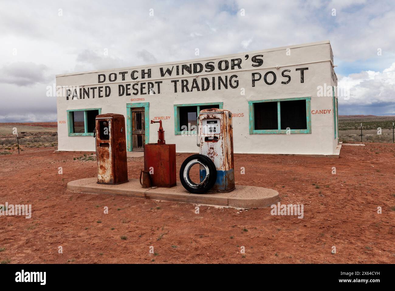 The abandoned Painted Desert Trading Post along a bypassed section of Route 66 in Arizona after renovations to preserve the building. Stock Photo
