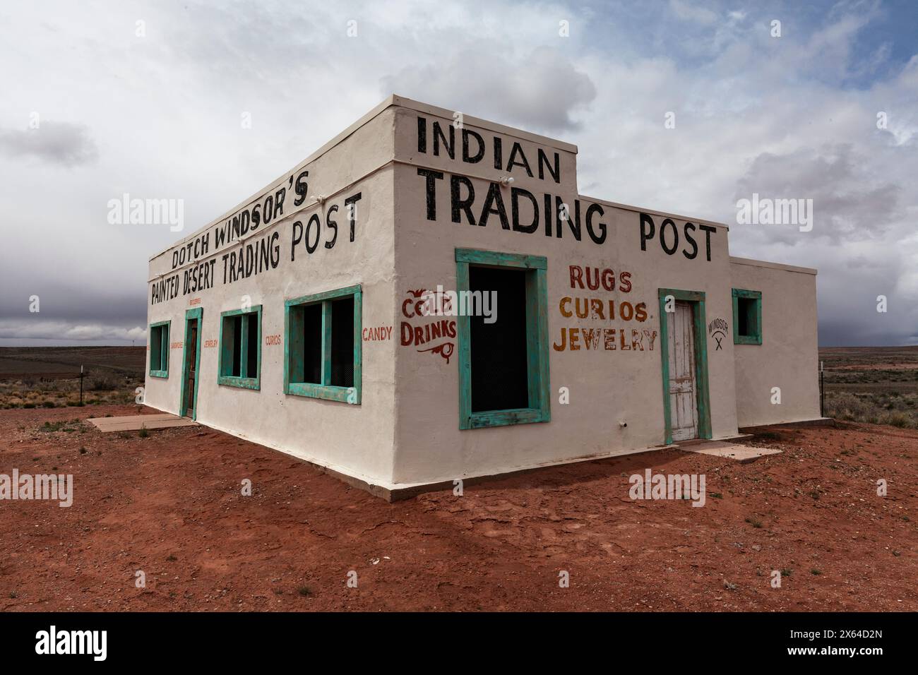 The abandoned Painted Desert Trading Post along a bypassed section of Route 66 in Arizona after renovations to preserve the building. Stock Photo