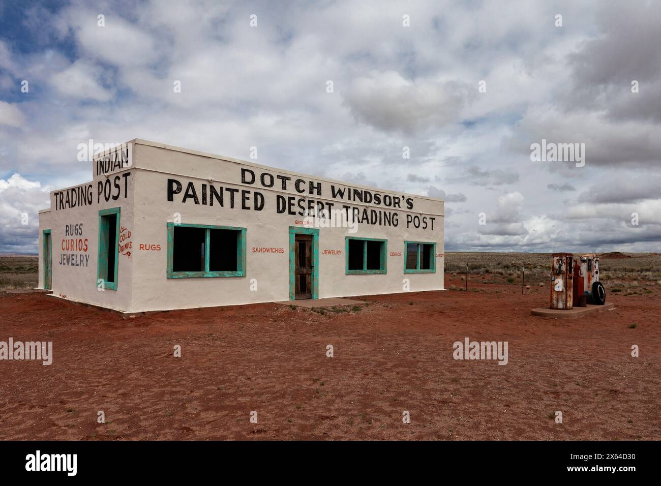 The abandoned Painted Desert Trading Post along a bypassed section of Route 66 in Arizona after renovations to preserve the building. Stock Photo