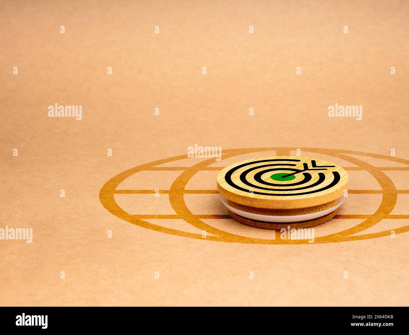 Green business and eco-friendly marketing goals on online platform concept. Big target icon on round wood badge on digital global icon on eco brown re Stock Photo