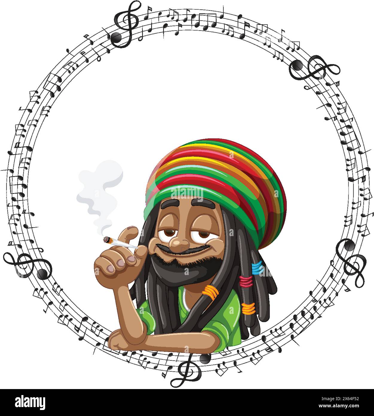 Cartoon of a cheerful reggae musician smoking. Stock Vector