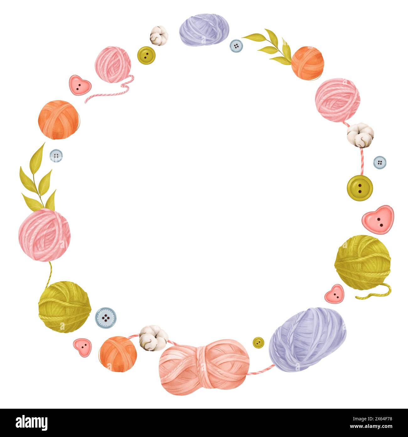 circular watercolor frame perfect for crafting blogs, knitting tutorials, or DIY-themed designs. This illustration with colorful yarn skeins buttons Stock Photo