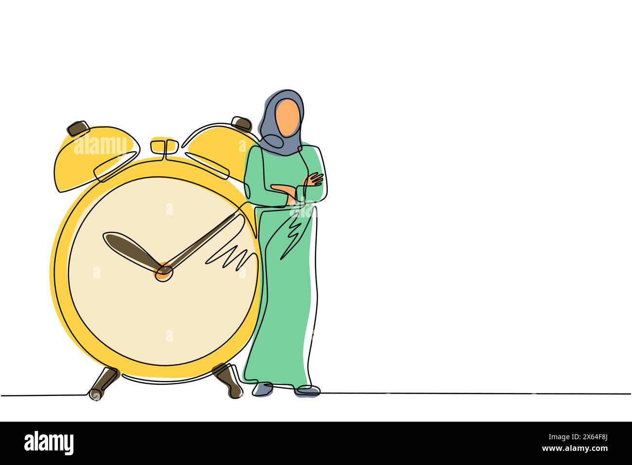 Single one line drawing Arab businesswoman, manager or employee stand leaning to big clock. Concept of time management. Time, watch, limited offer, de Stock Vector