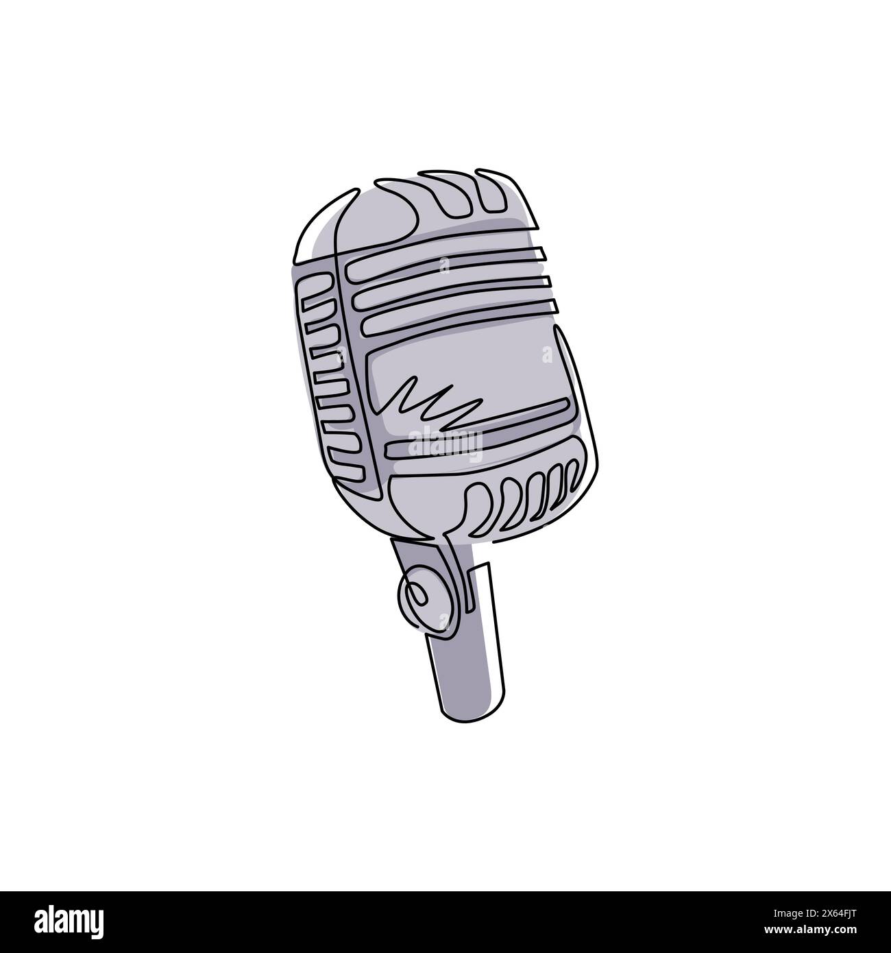 Single continuous line drawing retro vintage microphone vector on white background. Mic silhouette. Music, voice, record icon logo. Recording studio s Stock Vector