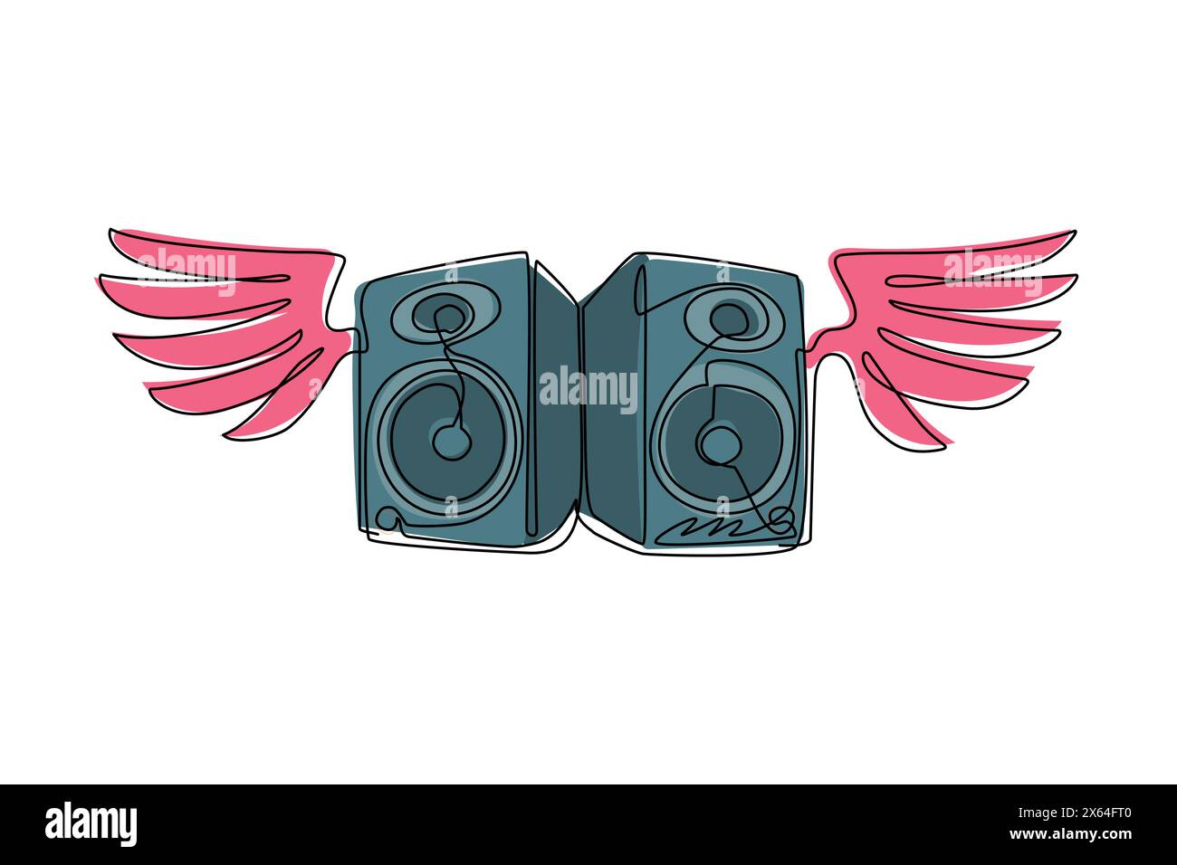 Continuous one line drawing music system speakers with wings icon logo. Musical equipment grunge image of speaker with wings flat design elements. Sin Stock Vector