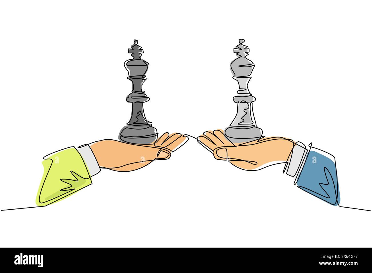 Single one line drawing business concept, of businessman hands, one holding king chess piece and the other hand too. Strategy and management. Continuo Stock Vector