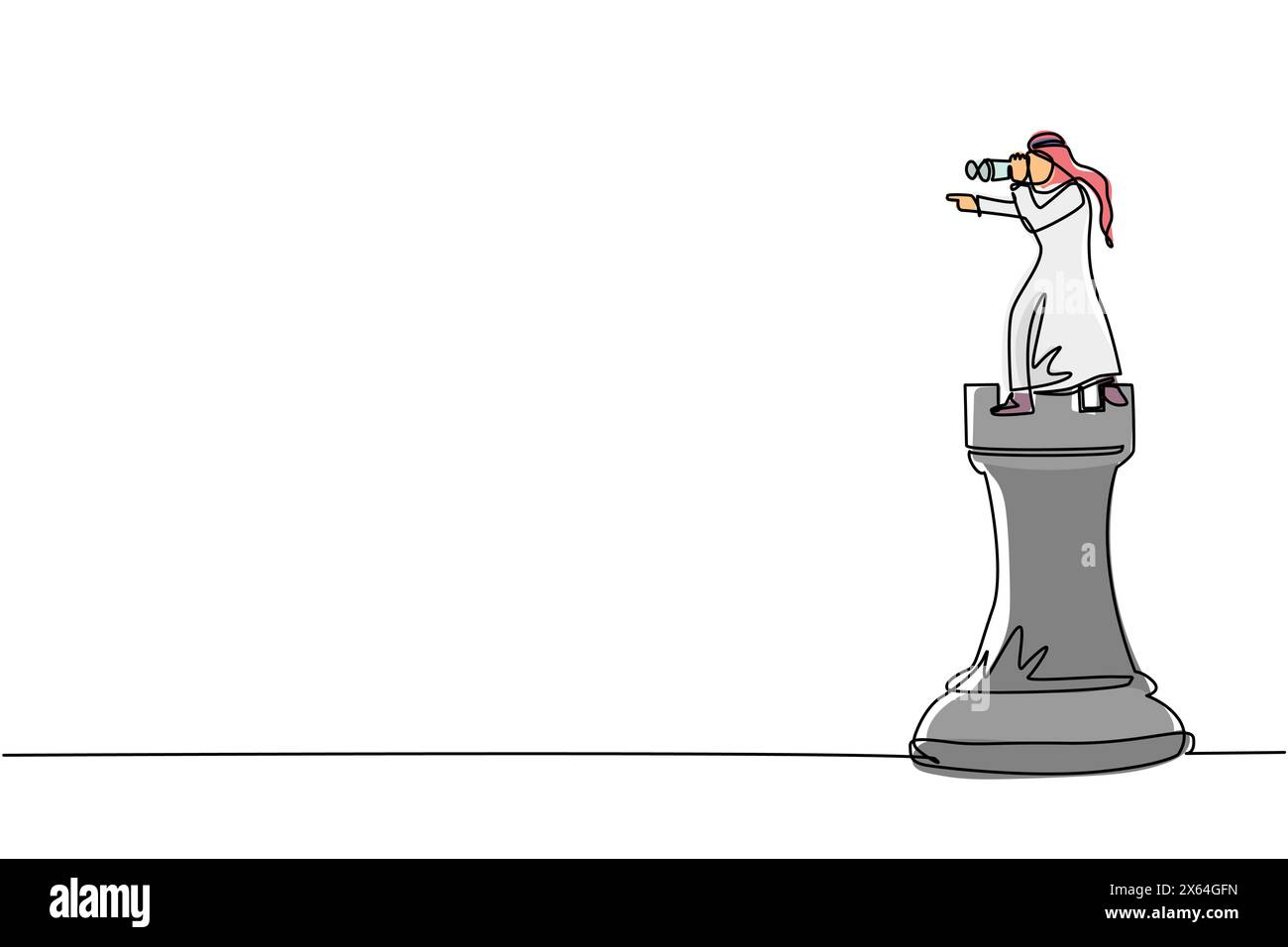 Single continuous line drawing Arabian businessman on top of big rook ...