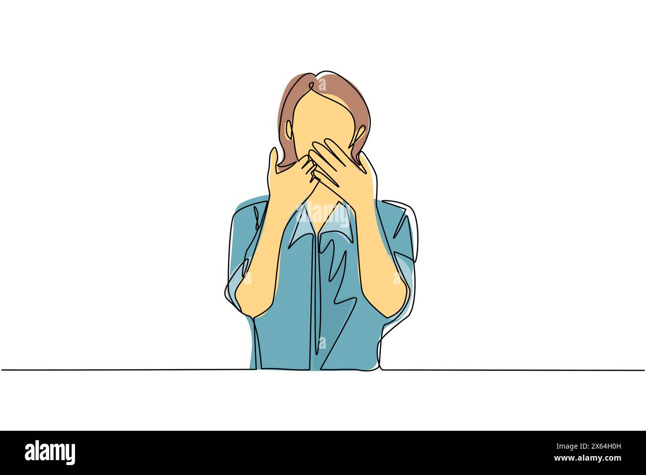 Single one line drawing young woman covering mouth with hands. Female mouth with hand shocked with shame for mistake, expression of fear, scared in si Stock Vector