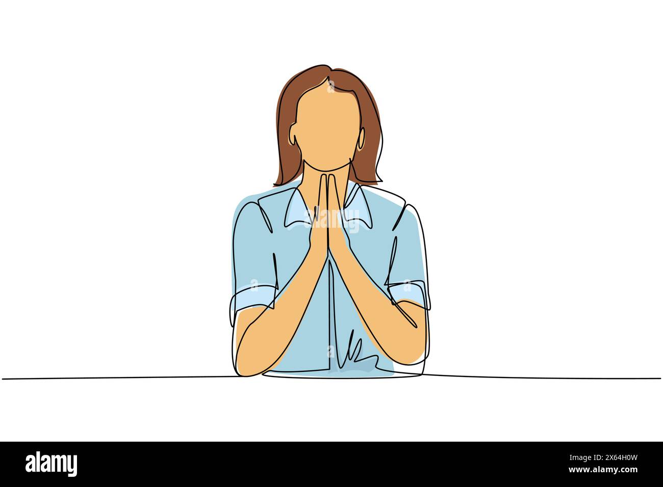 Continuous one line drawing young woman in closed eyes praying hands together. Trendy person holding palms in prayer. Human emotion, body language. Si Stock Vector