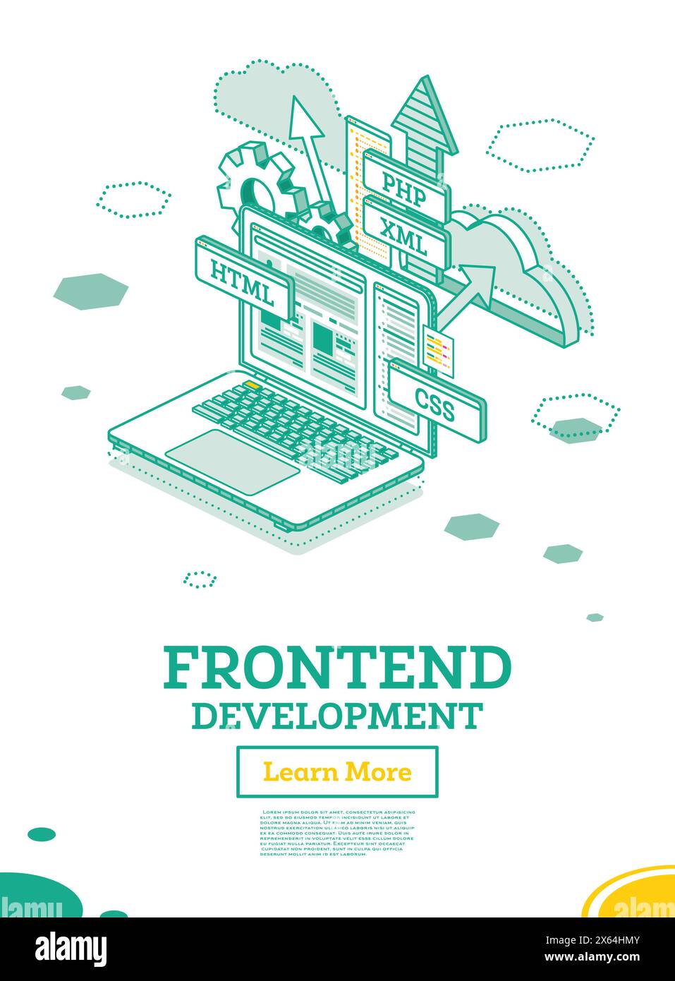 Frontend Development. Isometric Concept with Laptop Isolated on White. Creating a Site Layout Using Programming Languages. HTML, CSS, PHP and XML. Stock Vector