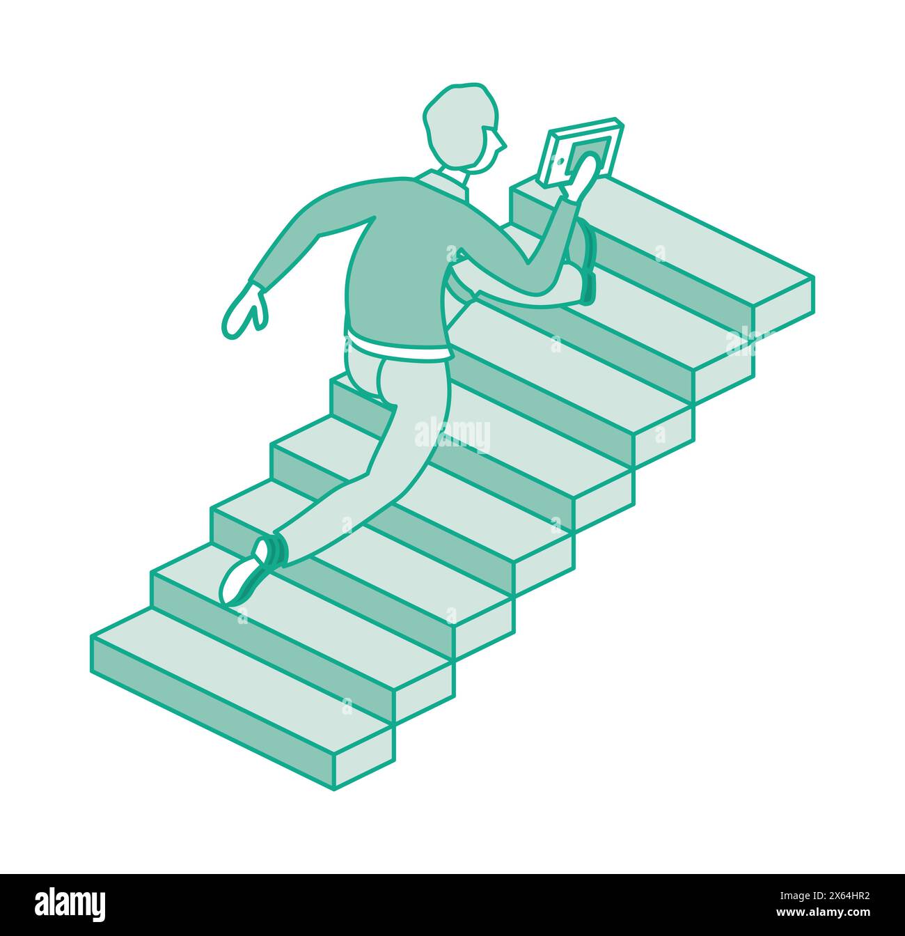Man run up set of stairs. He is holding book in hand. Isometric concept of success, urgency and determination. Businessman climbing stairs of success. Stock Vector