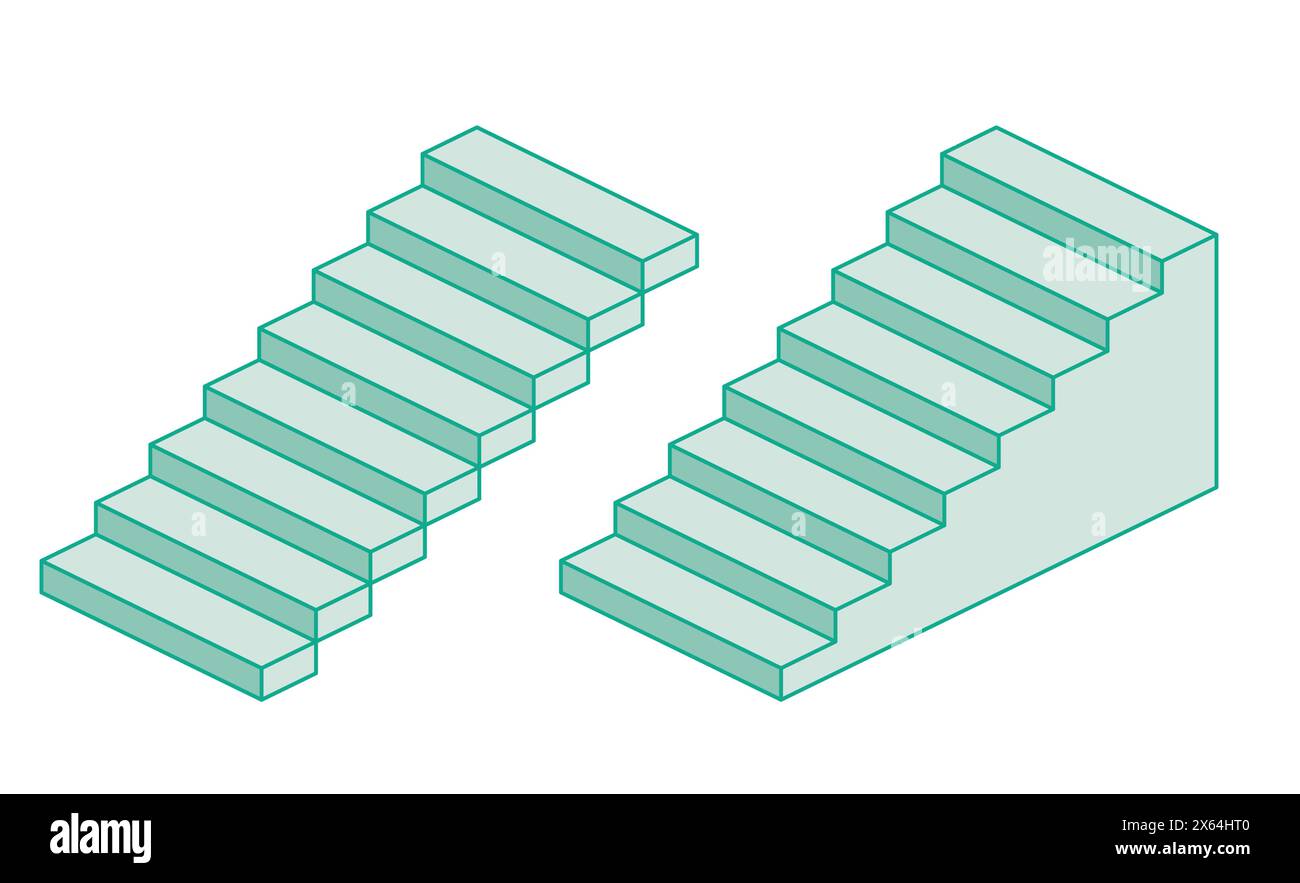 Isometric two stairs. Vector illustration. Outline objects isolated on white. Stairway icon symbol. Stock Vector