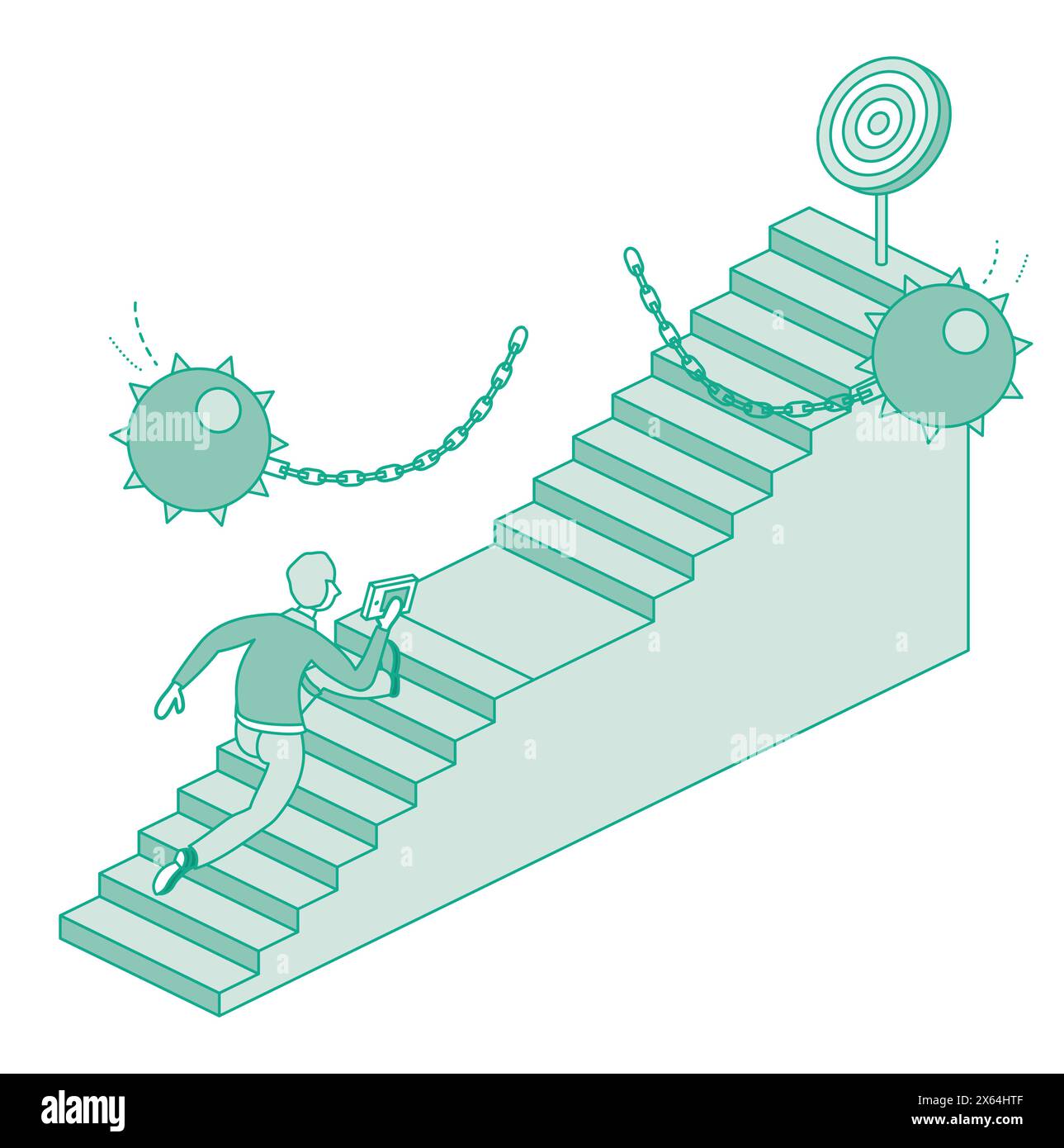 Man run up set of stairs. Overcome business obstacles. Barrier on way to success. Isometric concept of success, urgency and determination. Businessman Stock Vector