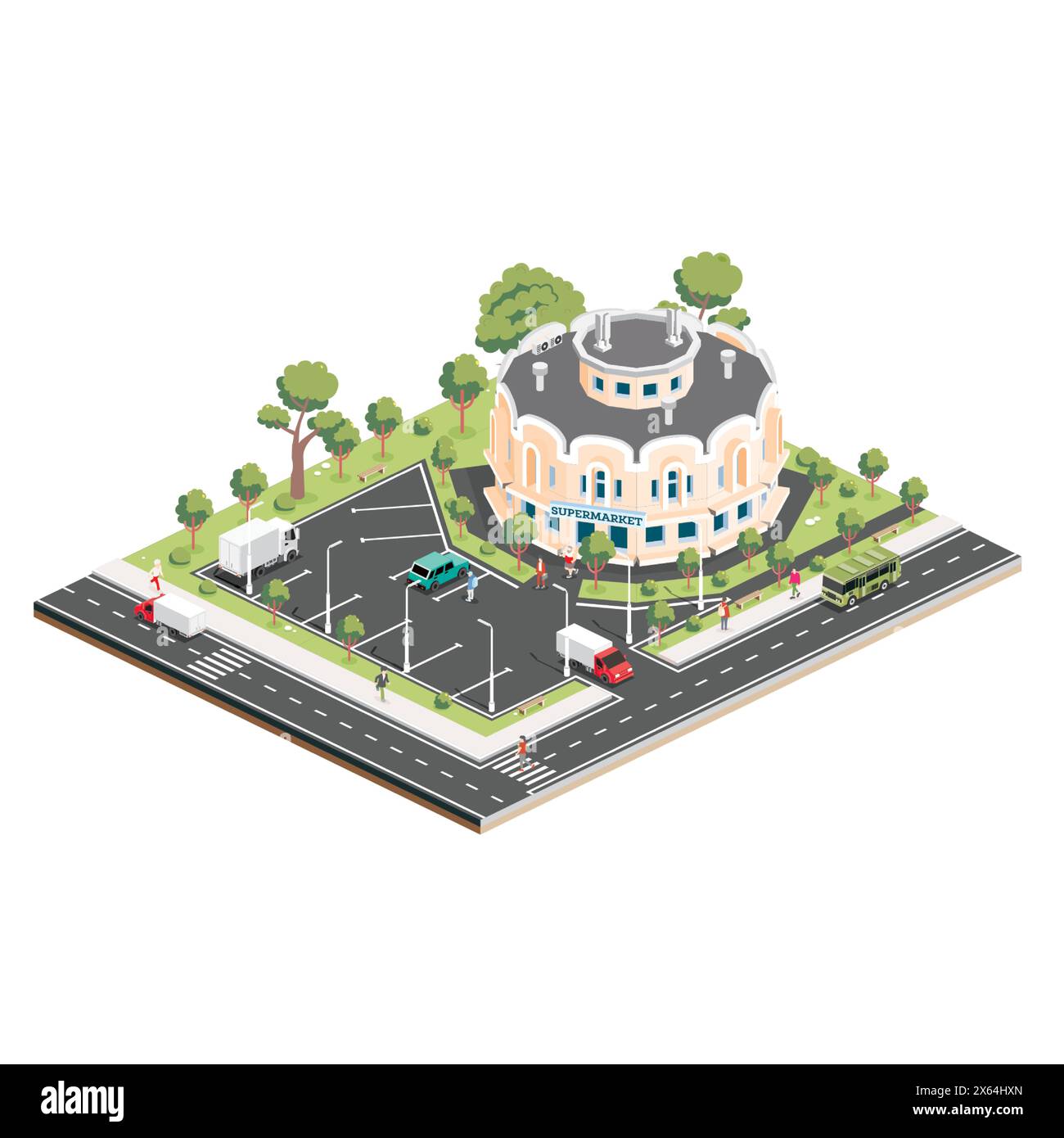 Isometric shopping mall. Infographic element. Supermarket building. Vector illustration. People, trucks and trees with green leaves isolated on white Stock Vector