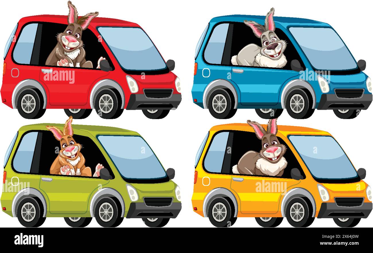 Four rabbits in various colored cars illustration Stock Vector Image ...