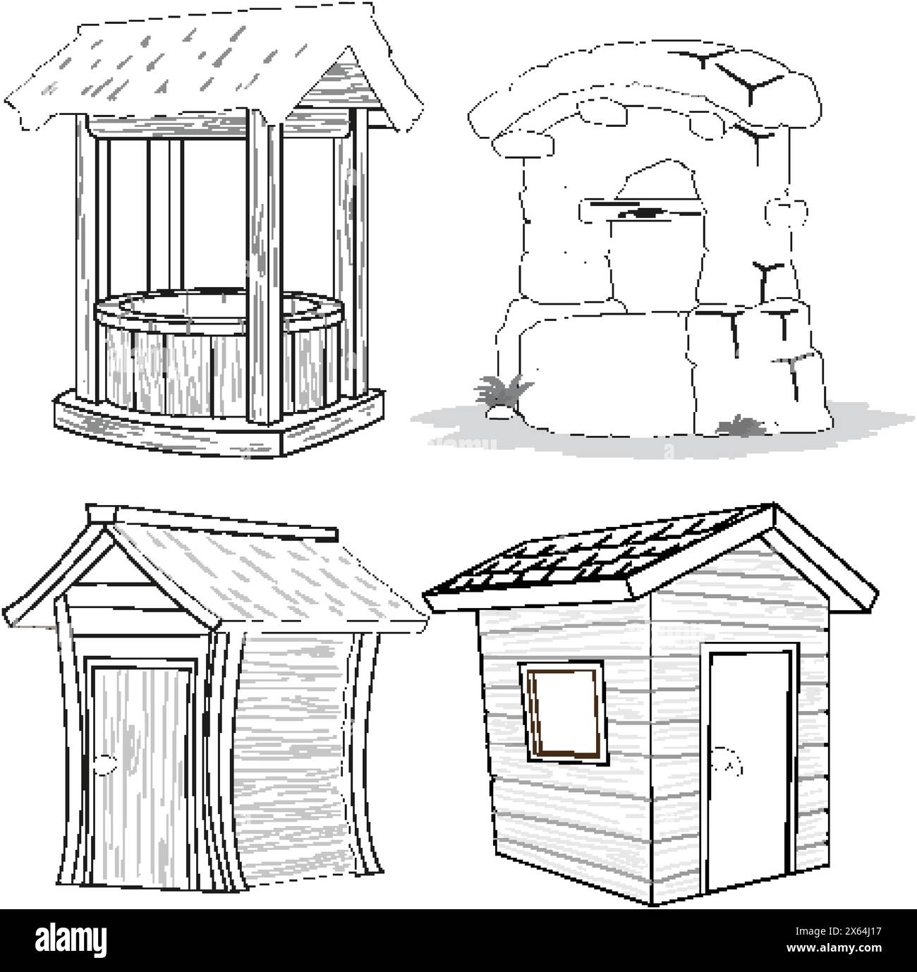 illustration-of-well-stone-oven-and-wooden-sheds-stock-vector-image