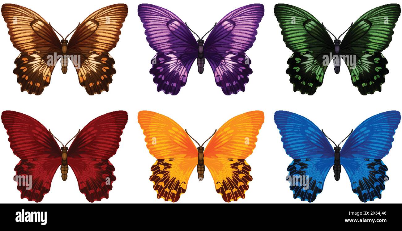 Eight vibrant butterflies in various colors Stock Vector